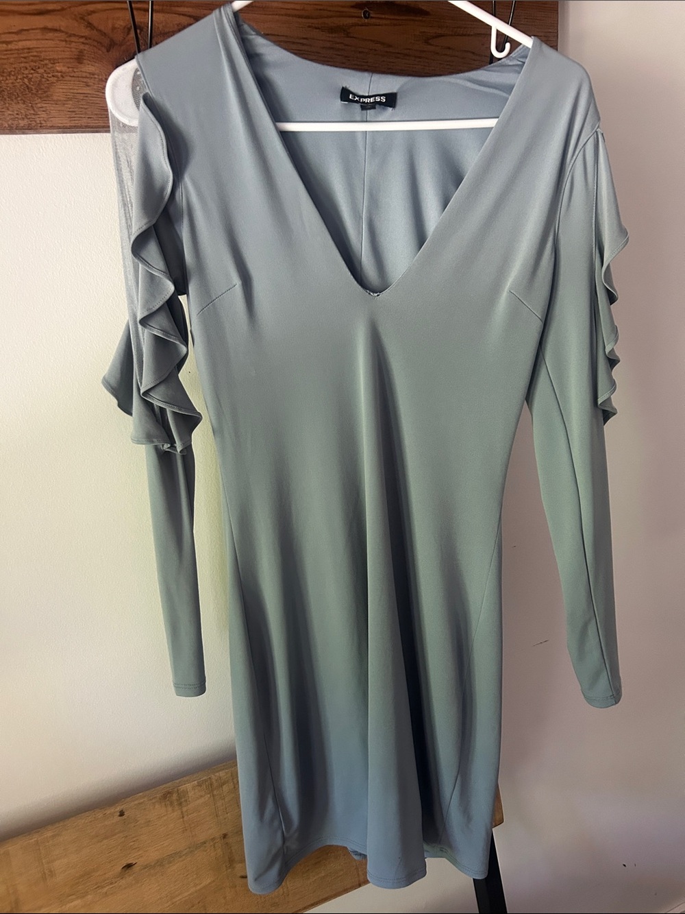 Express Long Sleeve Ruffle Shoulder Dress - blue